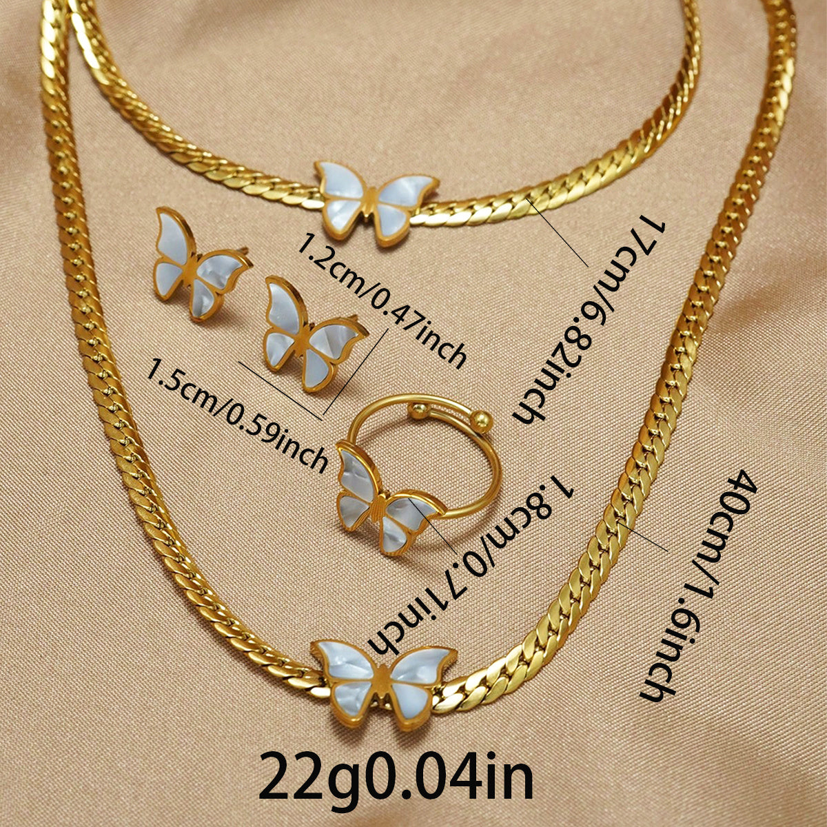 Lxalry 18K Gold Plated Butterfly Jewelry Set With Mirror Polish Hypoallergenic Skin Safe 4PCS Necklace Earrings Bracelet Ring For Women, Never Fade Luxury Gift For Her