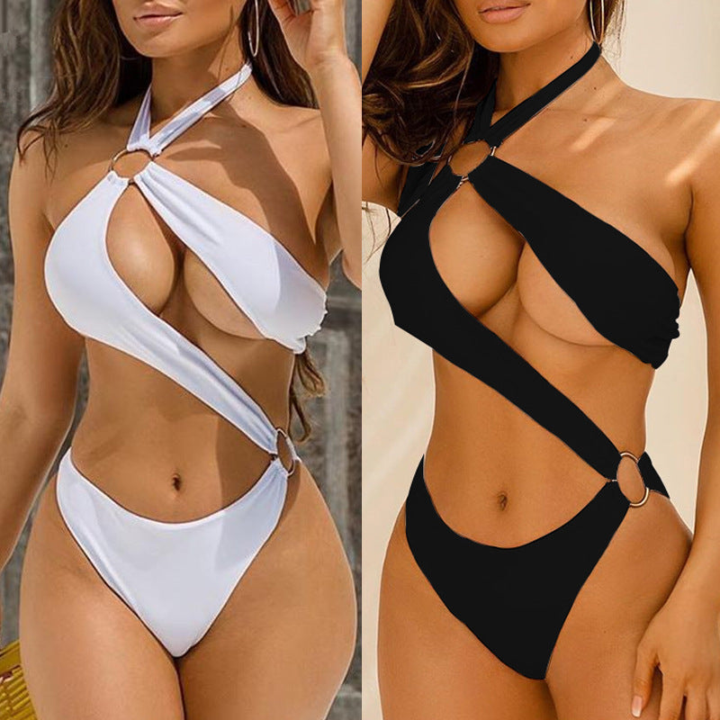 جديد مثير من قطعة واحدة من ثلاثة ألوان جوفاء حلقة الحلقة bikini ملابس السباحة
