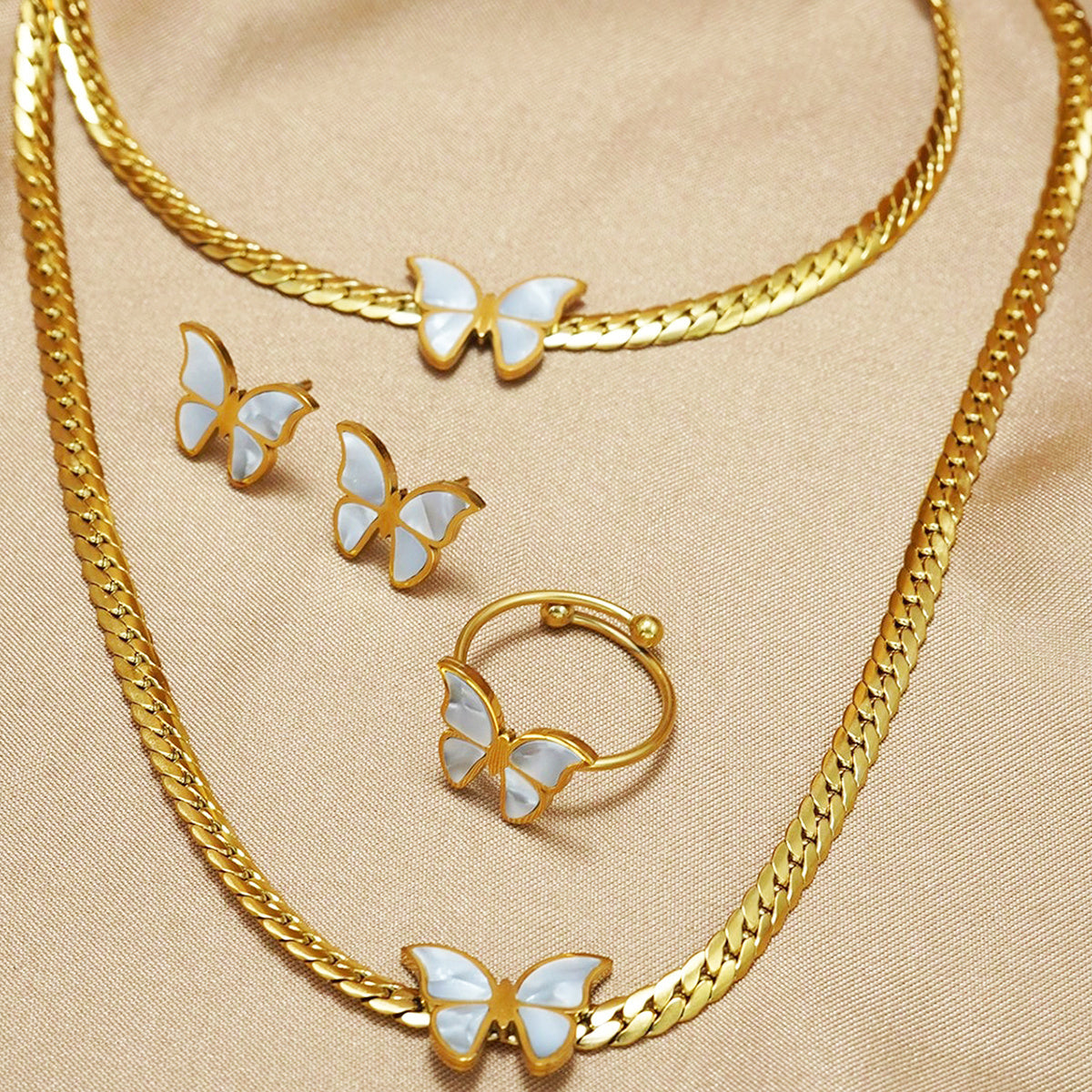 Lxalry 18K Gold Plated Butterfly Jewelry Set With Mirror Polish Hypoallergenic Skin Safe 4PCS Necklace Earrings Bracelet Ring For Women, Never Fade Luxury Gift For Her
