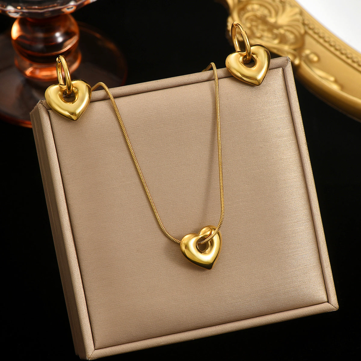 Lxalry 18K Gold Plated Hollow Heart Jewelry Set Mirror Polish Hypoallergenic Necklace Earrings For Women Never Fade Handmade Luxury Gift With Adjustable Chain