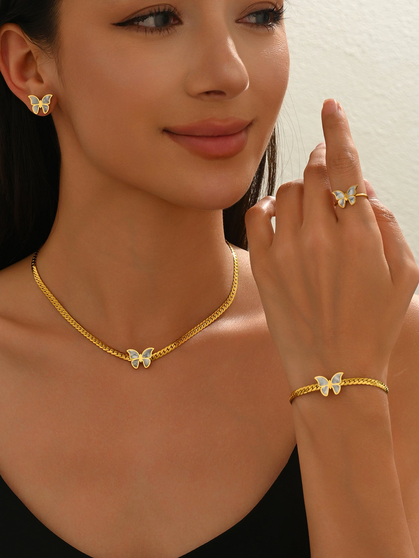 Lxalry 18K Gold Plated Butterfly Jewelry Set With Mirror Polish Hypoallergenic Skin Safe 4PCS Necklace Earrings Bracelet Ring For Women, Never Fade Luxury Gift For Her