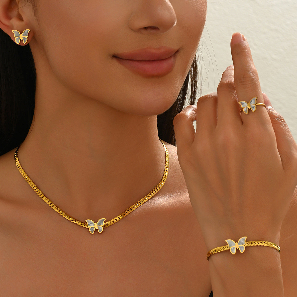 Lxalry 18K Gold Plated Butterfly Jewelry Set With Mirror Polish  Hypoallergenic Skin Safe 4PCS Necklace Earrings Bracelet Ring For Women, Never Fade Luxury Gift For Her